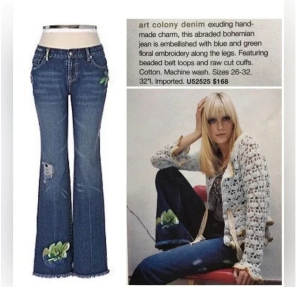 Louie Anthropologie Embroidered Beaded Distressed Boho Bootcut Mid Rise Jeans 29